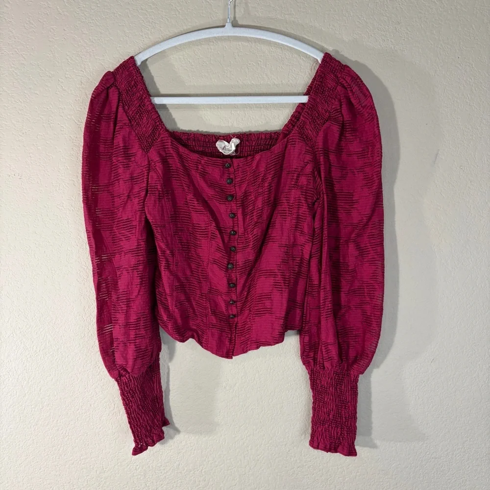 Anthropologie Pink Floral Ruffle Blouse Smocked Puff Sleeve Sz XS Cottagecore